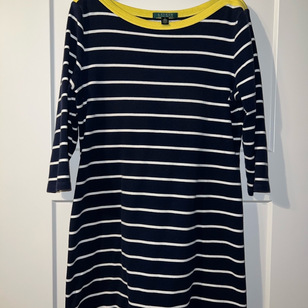 Lauren Ralph Lauren Navy Blue Striped Dress Yellow Trim Sz Large